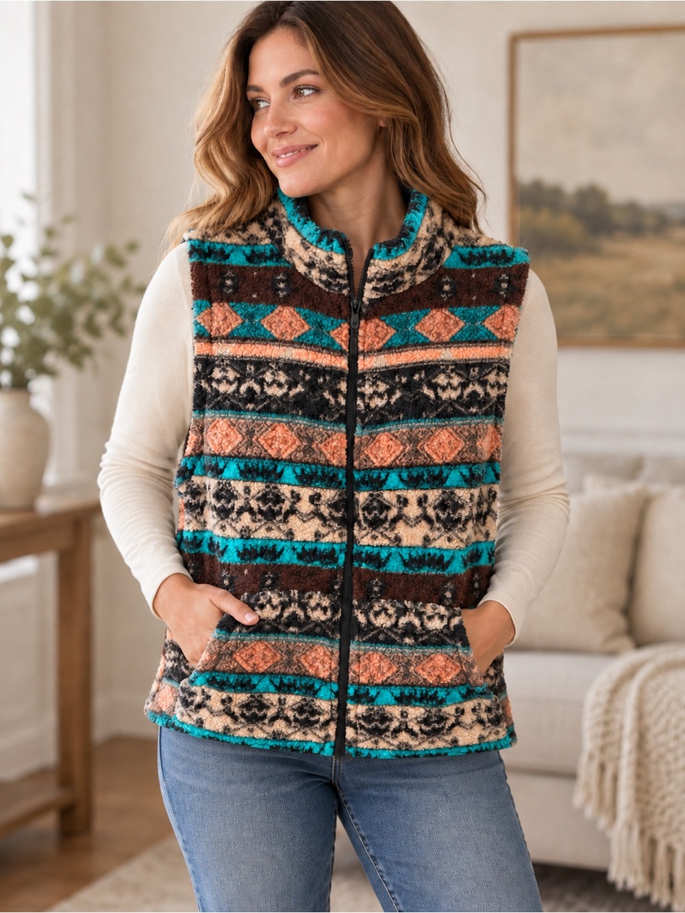Faux-Sherpa Zip Front Vest in Teal, Peach & Cream